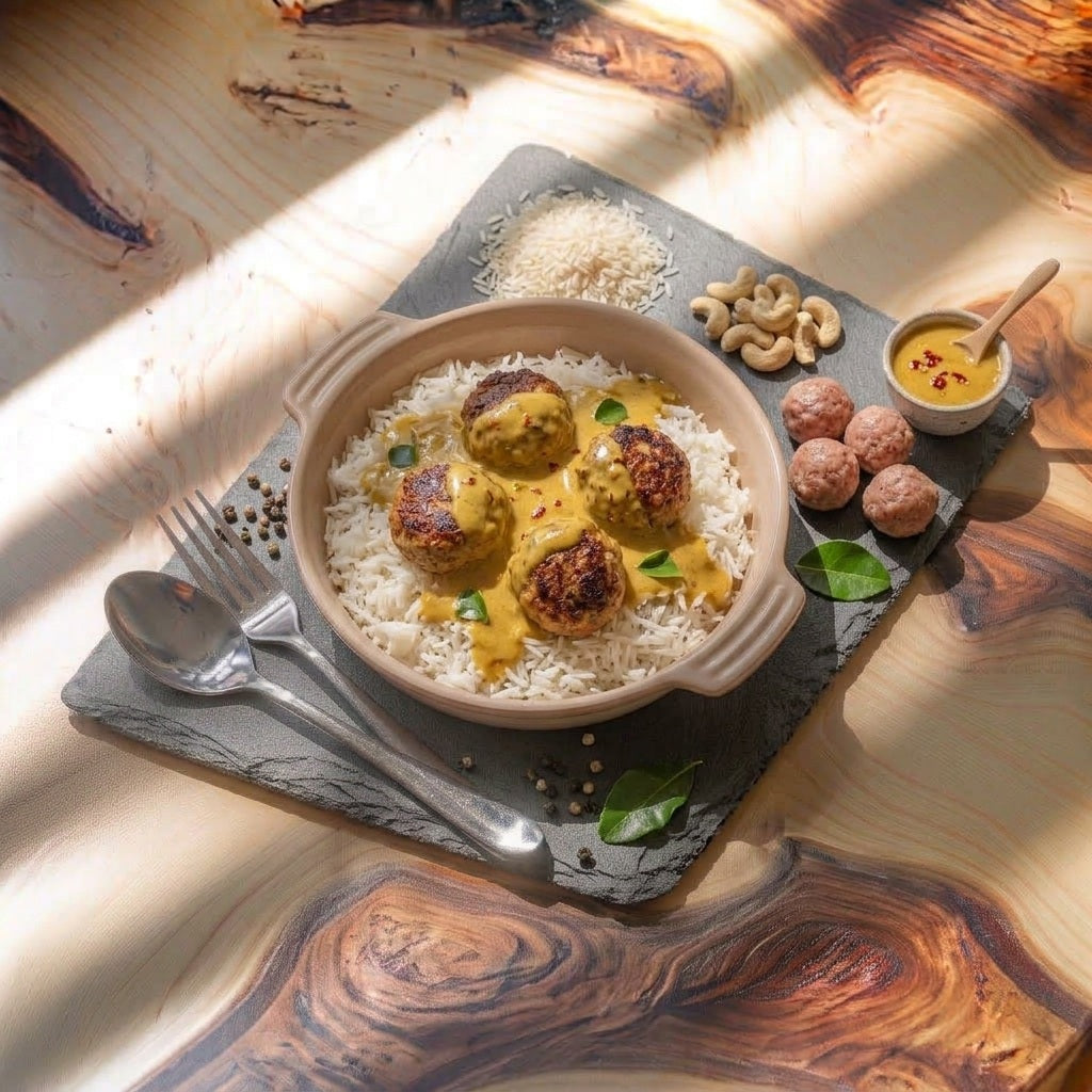 BOULETTES DE DINDE AU MIEL, CURRY, LAIT DE COCO SUR RIZ BASMATI