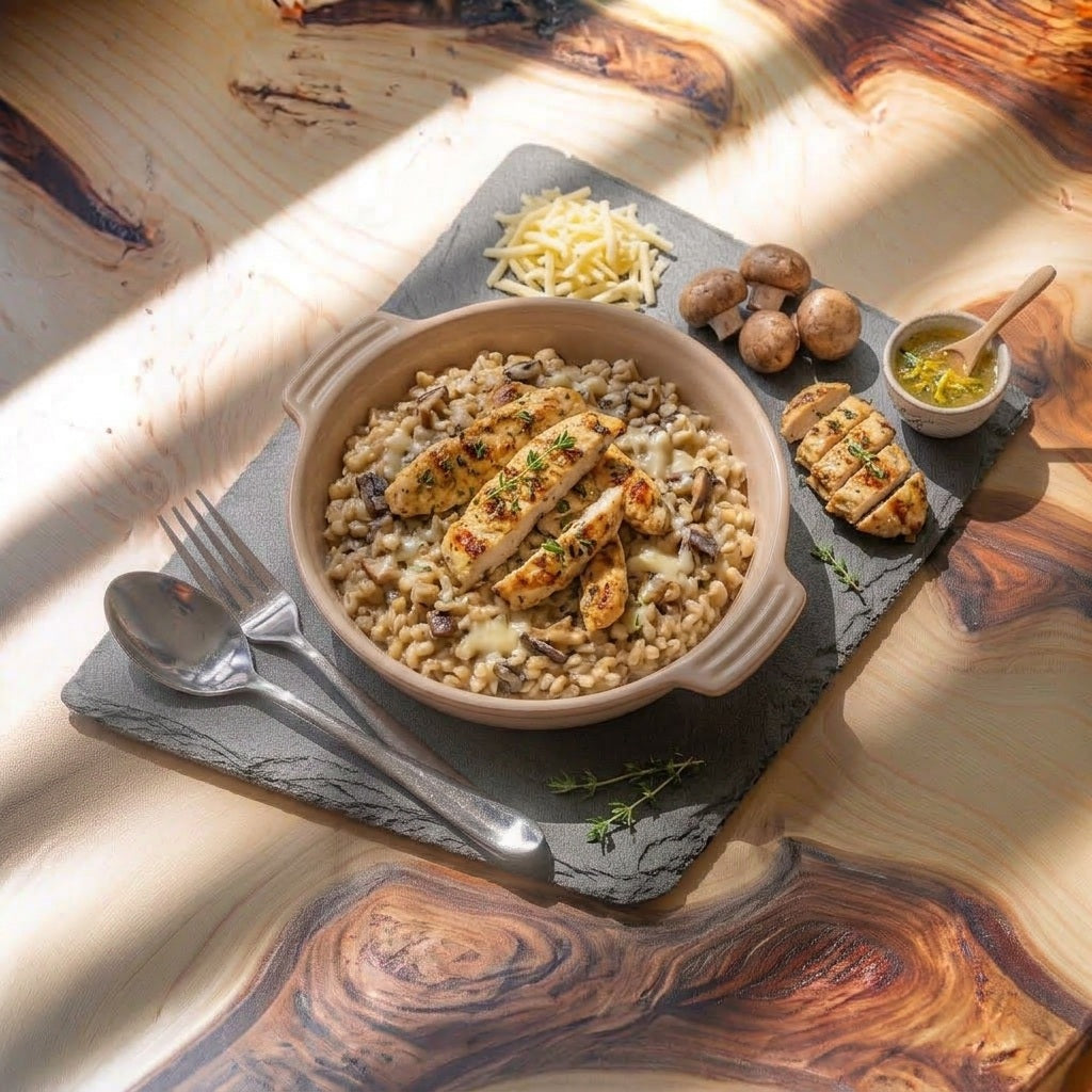 LANIERE DE POULET MARINE AU CITRON, RISOTTO D' ORGE CHAMPIGNON ET CHEDDAR