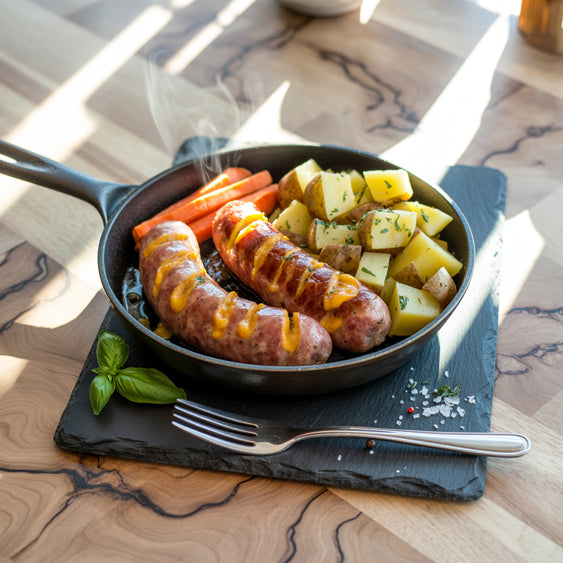 Saucisses bacon cheddar (2), mayo érable, patates & carottes - PROMO 400 g