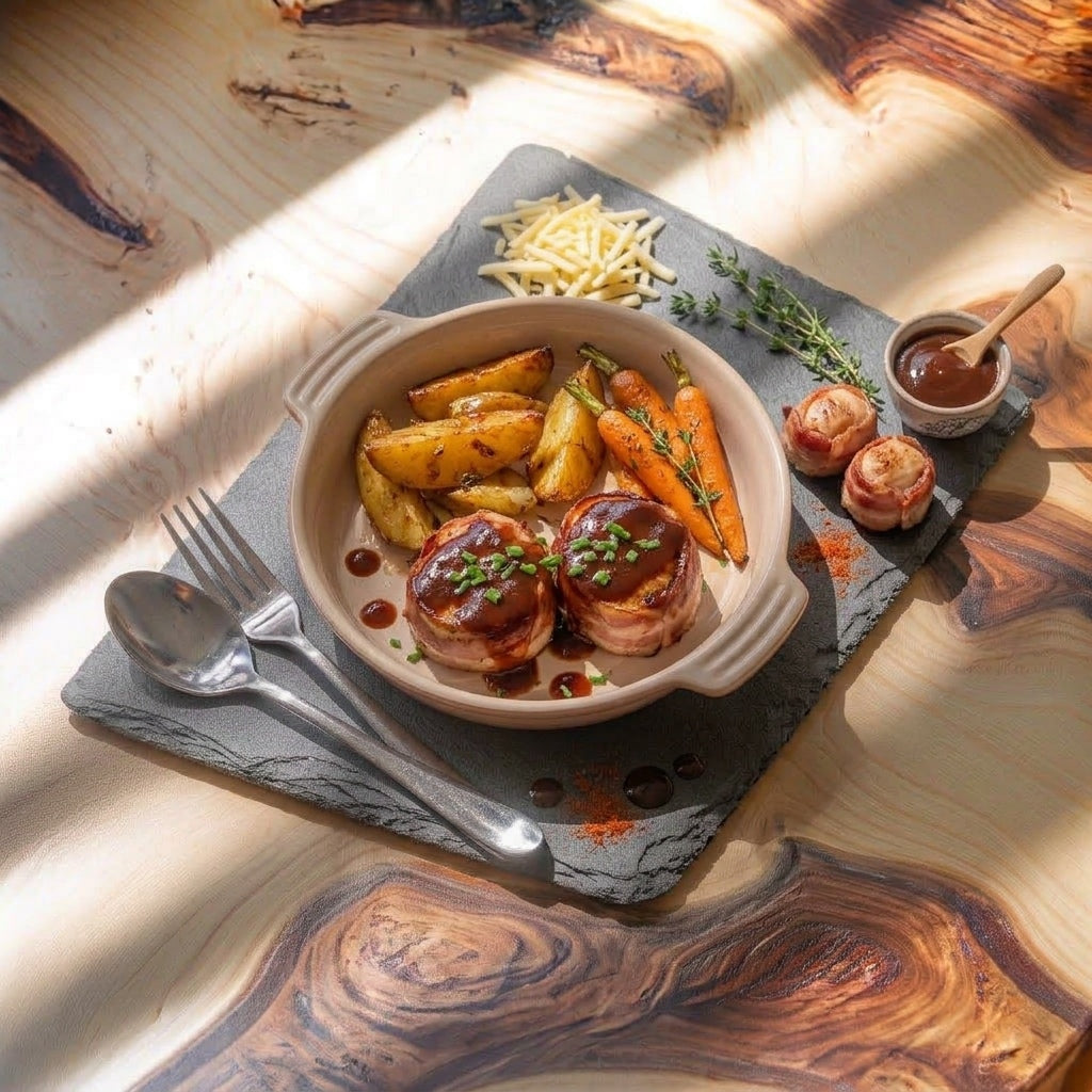 TOURNEDOS DE POULET SAUCE BBQ, PATATE ET CAROTTES AU MIEL