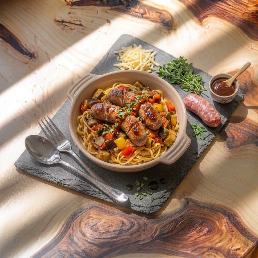 SAUCISSE ITALIENNE SUR LE NOUILLES AUX OEUF ET RATATOUILLE