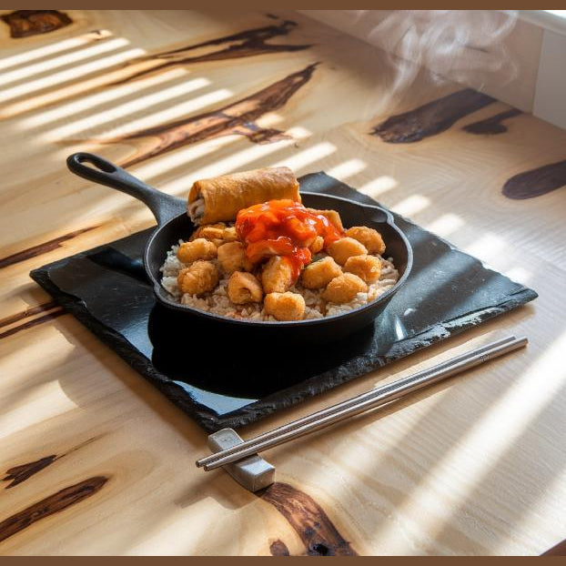 Mets Chinois (egg rolls, poulet pané, nouilles et riz chinois). 400 g