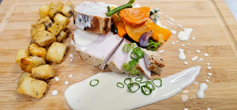 Médaillon de porc poire érable, patates roties et légumes 500 g