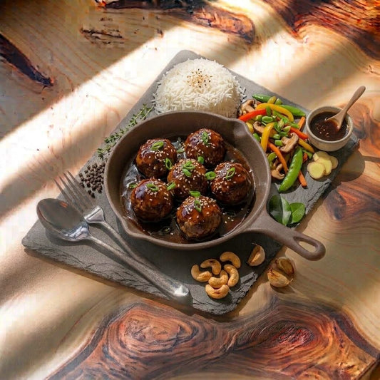 BOULETTES DE BOEUF TERIYAK ET RIZ LEGUMES SAUTE 