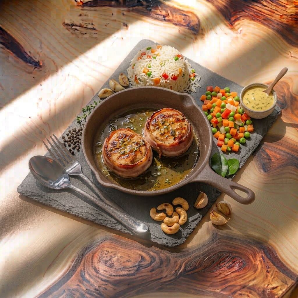 TOURNEDOS DE POULET MARINE, RIZ AUX LEGUMES 