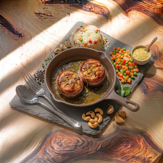 TOURNEDOS DE POULET MARINE, RIZ AUX LEGUMES 