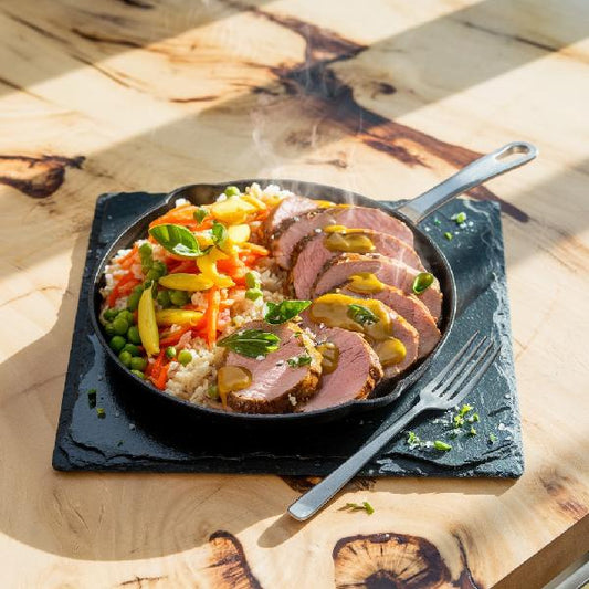 Filet de porc, marinade miel et  basilic, jardiniere de légumes 400 g