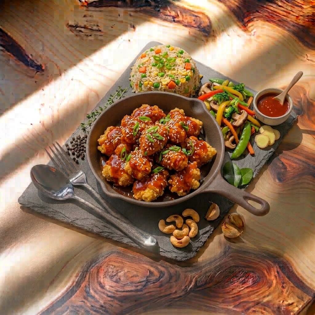 POULET PANE TEMPURA SAUCE ROUGE BBQ ET RIZ AUX LEGUMES 
