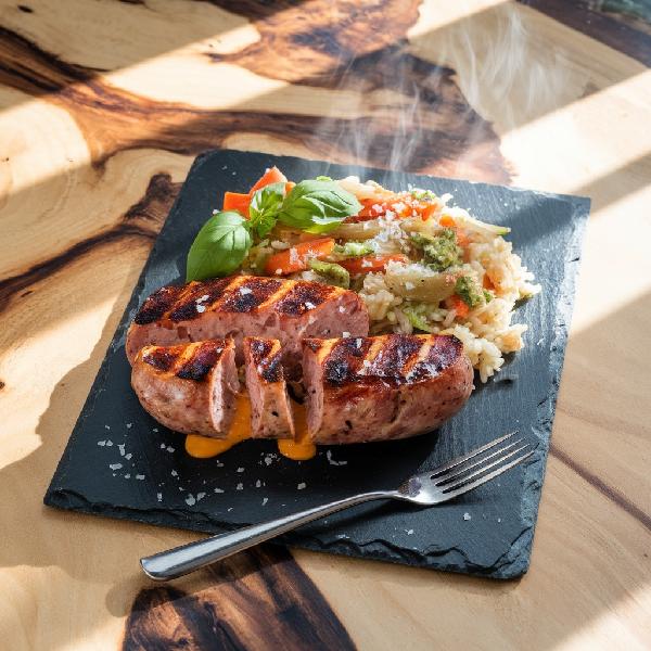 Saucisses bacon cheddar (2) et riz aux légumes au pesto 400 g