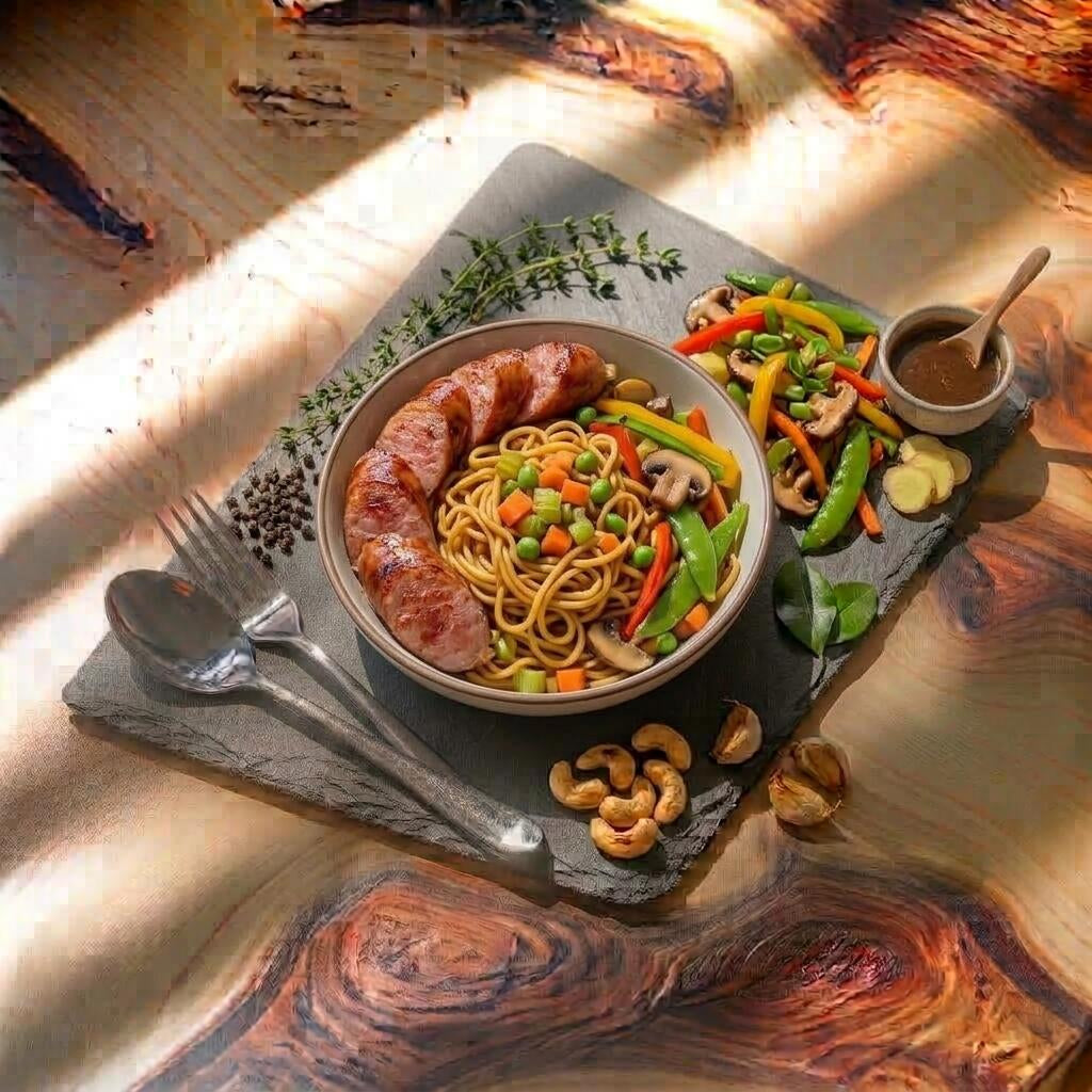 SAUCISSE A LA FONDU CHINOISE, NOUILLES AUX OEUF ET PETITS LEGUMES 400 g