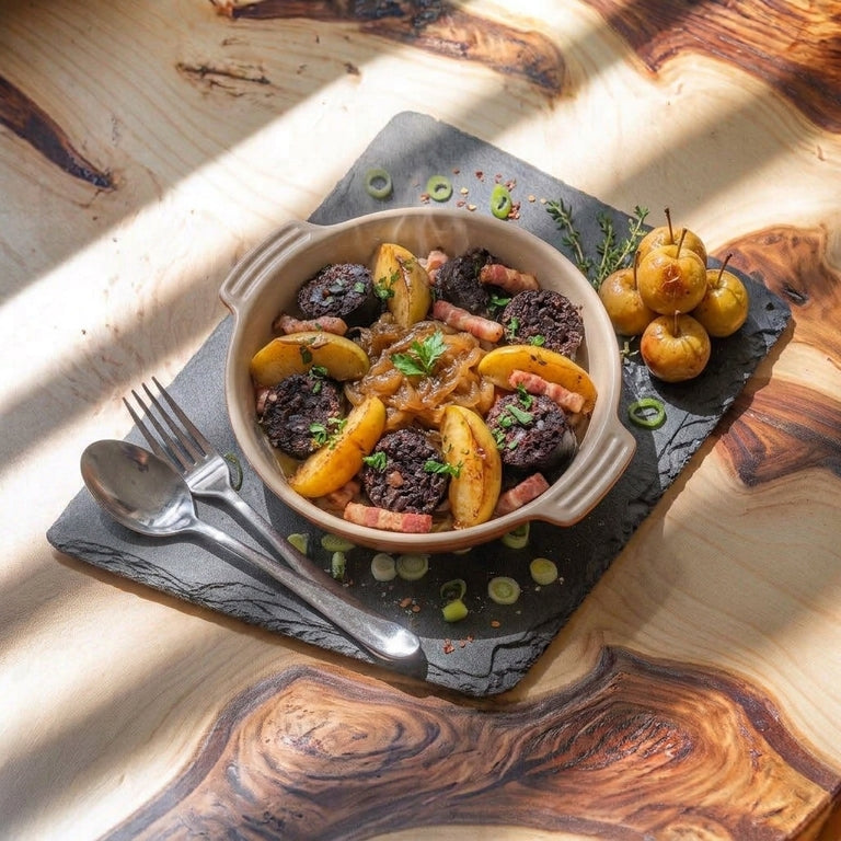 Boudin aux pomme, bacon et oignons confits 